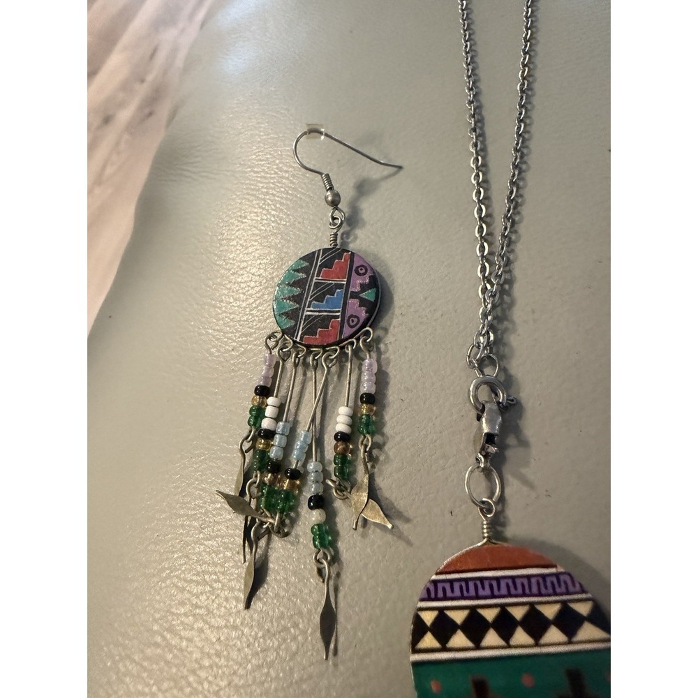 Southwest Western Aztec Pattern Drop Dangle Beaded Earrings & Necklace #430 - Picture 3 of 6